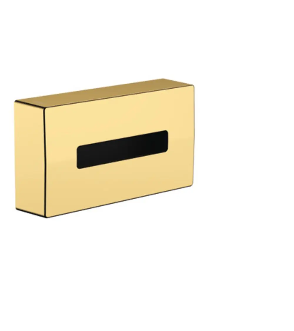 Kosmetiktuchbox in glänzendem Goldton mit rechteckiger Form und schmalem Schlitz. Hergestellt von Hansgrohe, geeignet für die Aufbewahrung von Kosmetiktüchern.